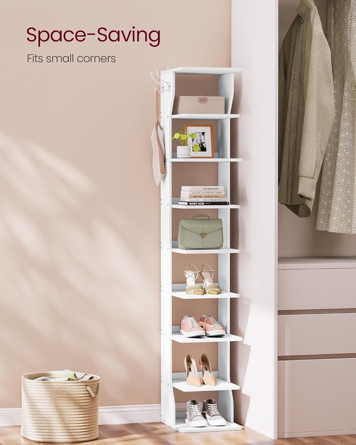 9-Tier Slim Shoe Rack with Hooks – White