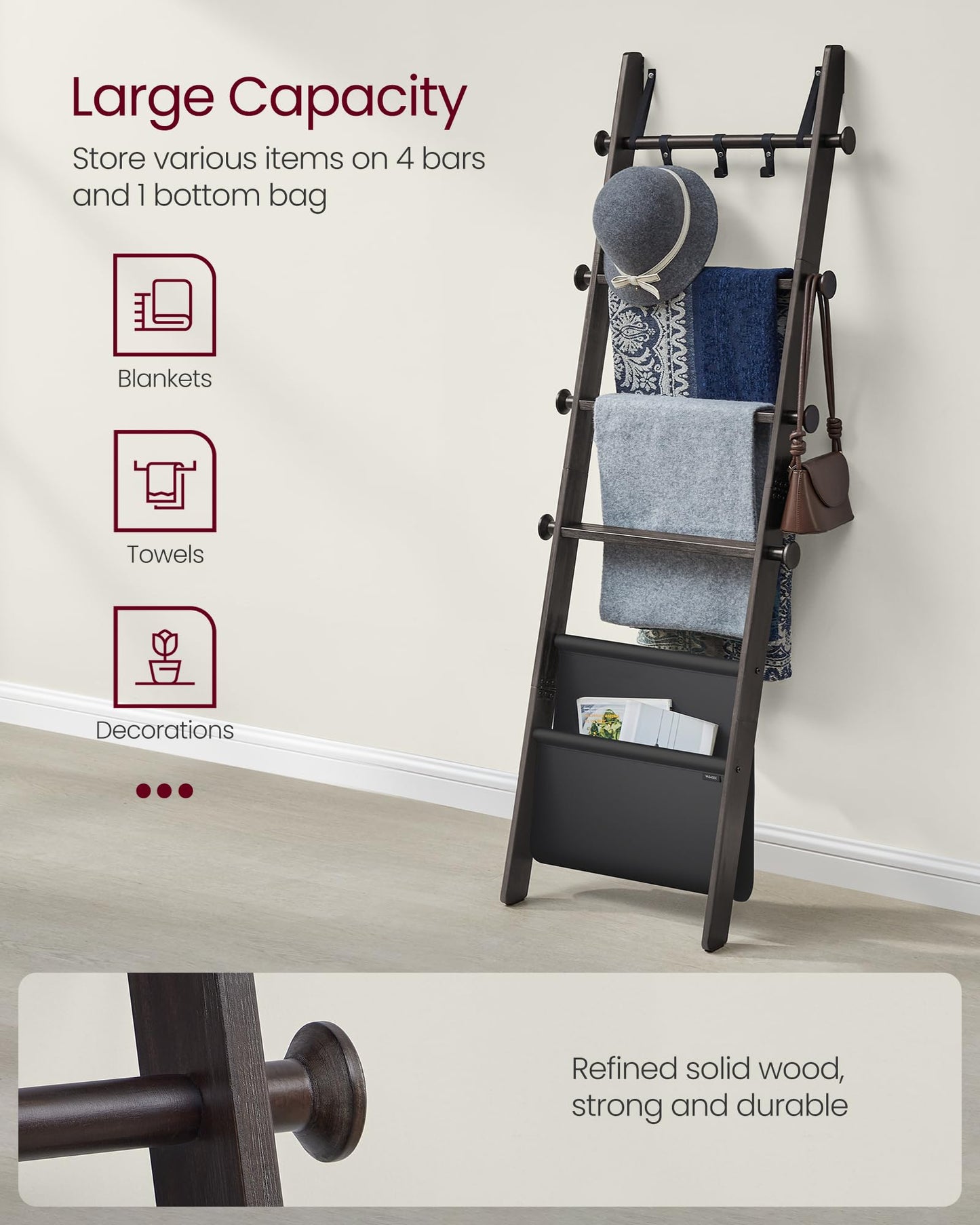 Solid Wood Leaning Blanket & Towel Ladder Rack