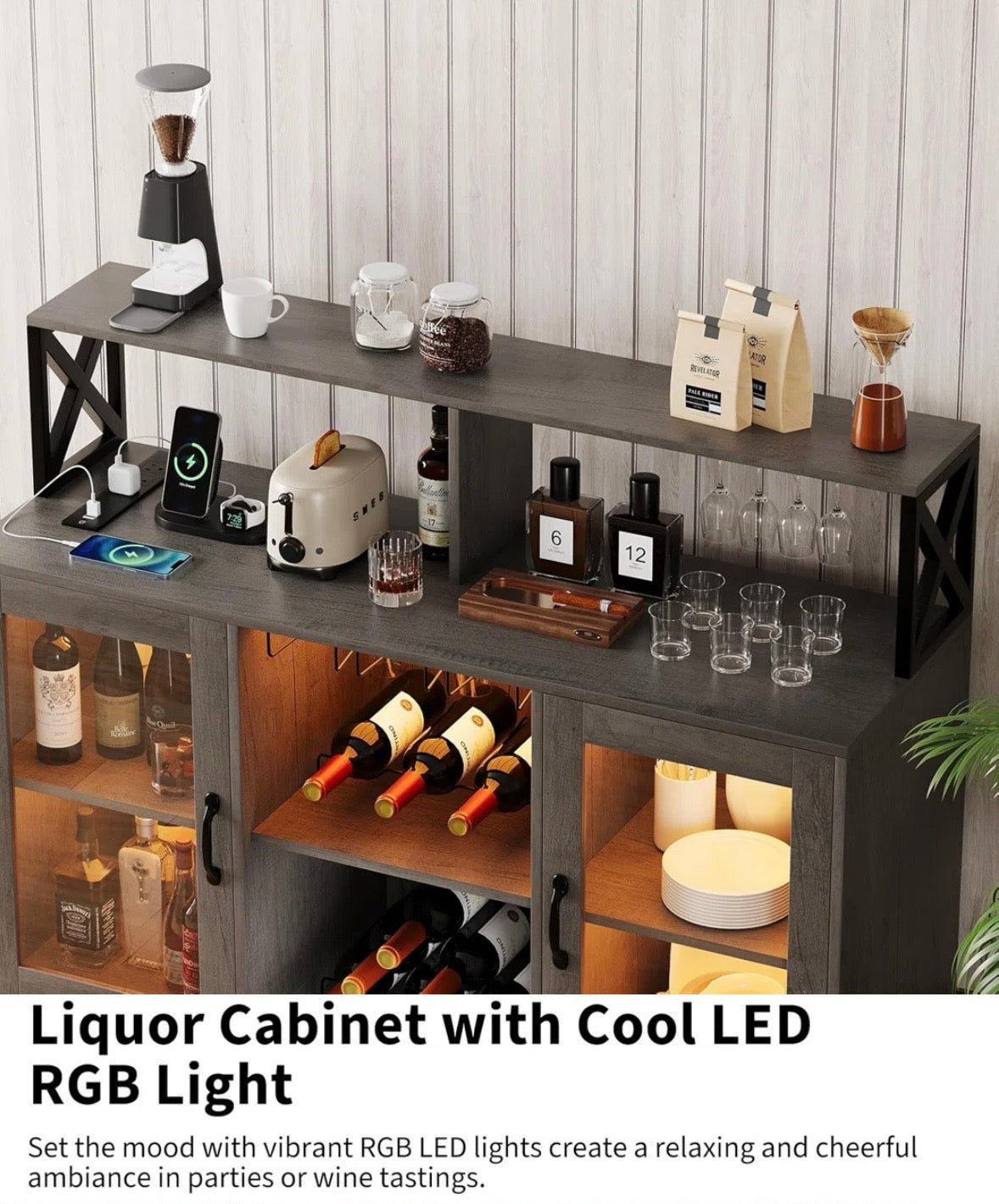 Modern Bar Cabinet with LED Lights & Charging Station