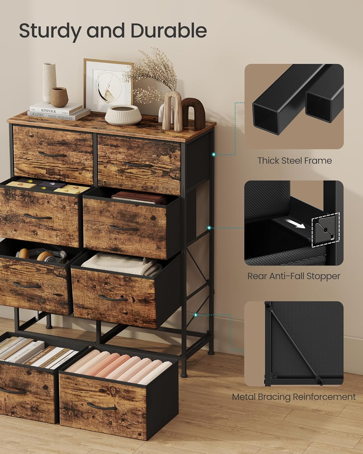 8-Drawer Fabric Dresser – Rustic Brown & Ink Black