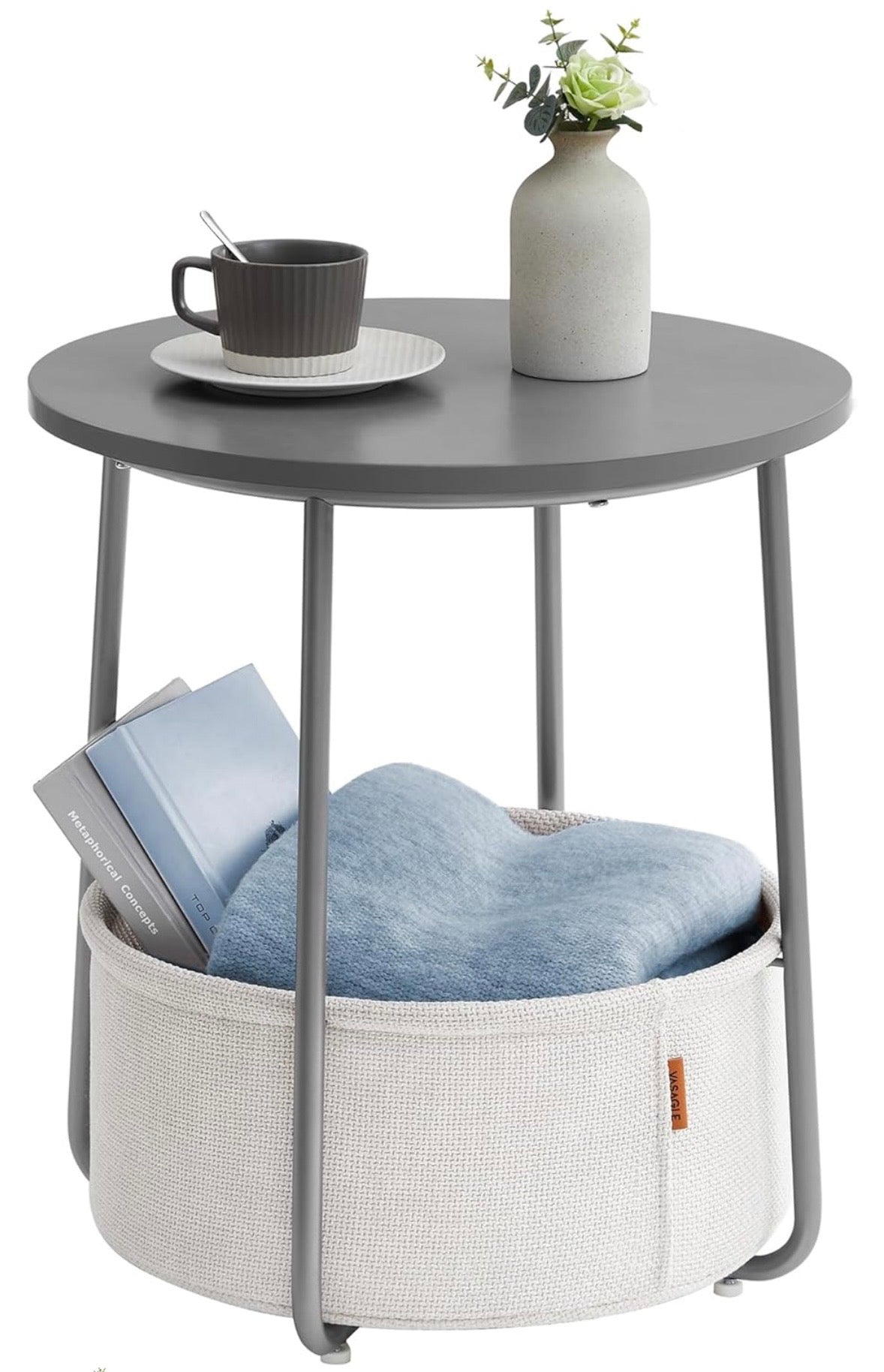 VASAGLE Round Side Table with Storage Basket