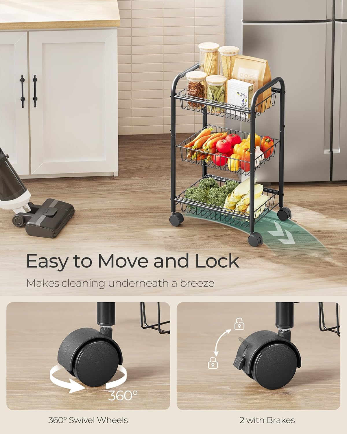 3-Tier Rolling Storage Cart – Black