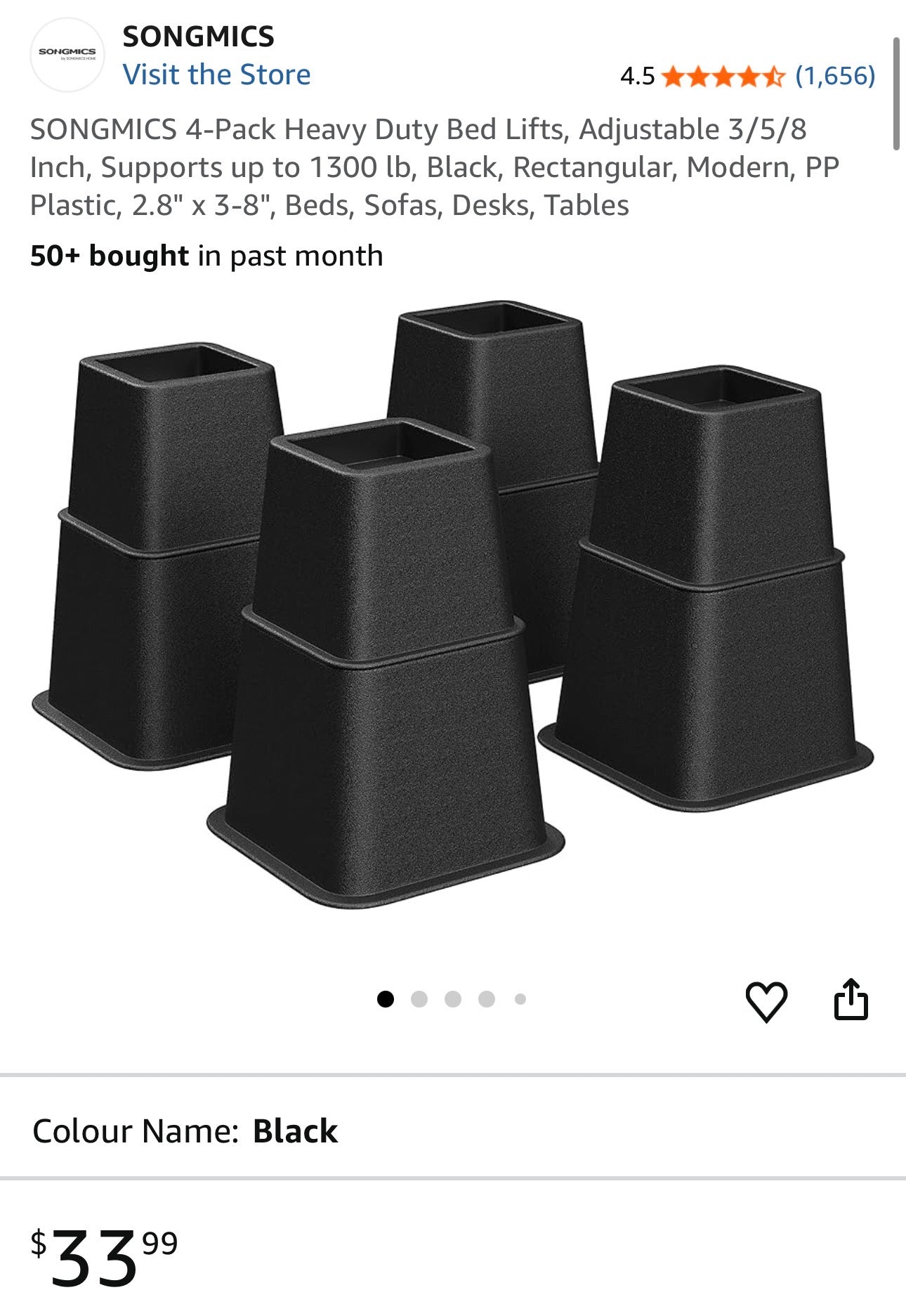 SONGMICS 4-Piece Heavy-Duty Bed & Furniture Riser Set