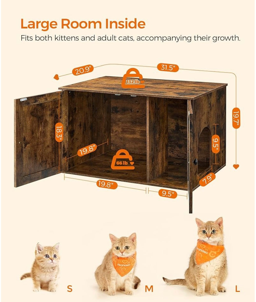 Rustic Cat Litter Box Enclosure with Barn Doors – Multi-Use Cat Furniture Cabinet (Brown Wood Finish)