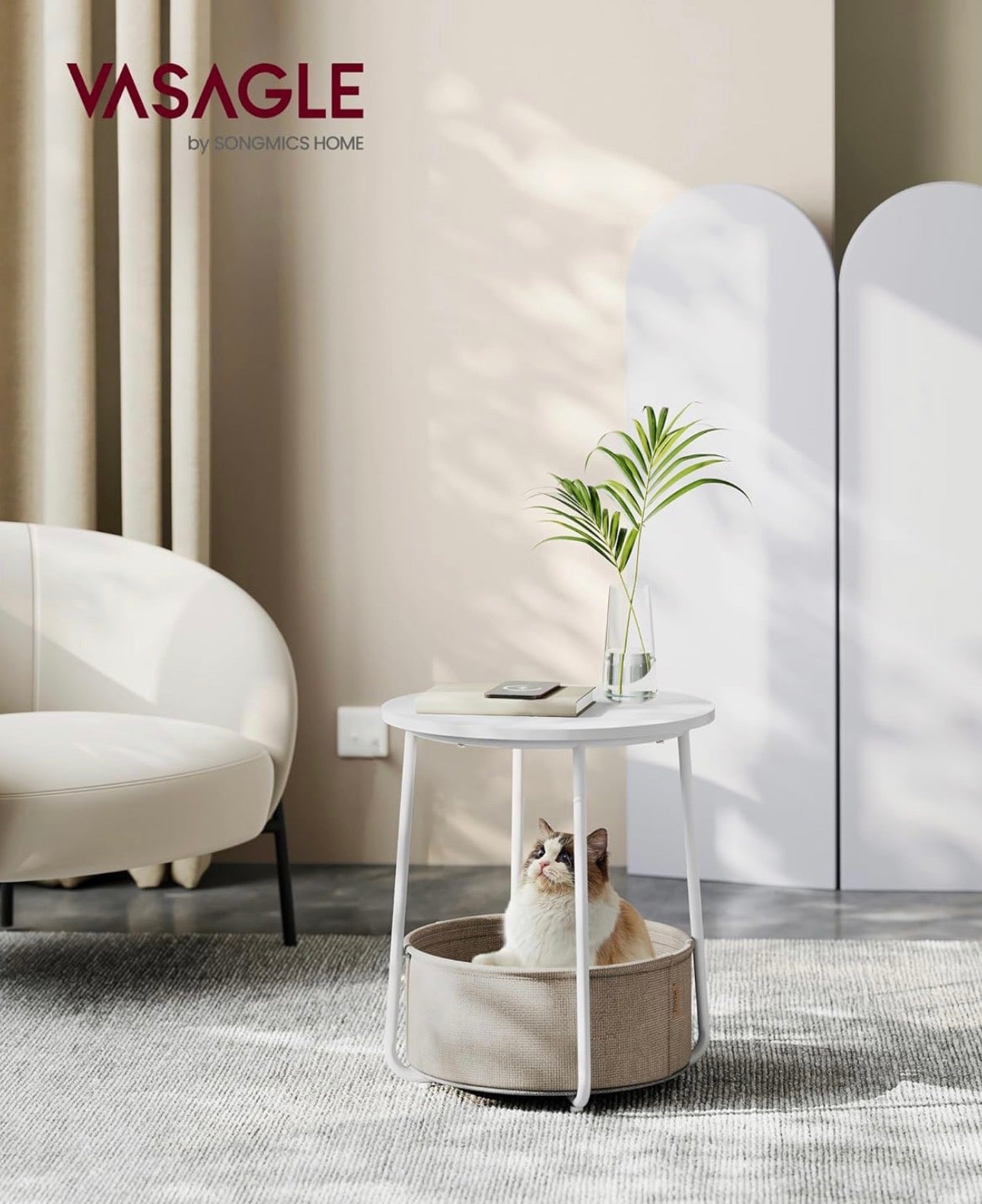 VASAGLE LILEA Round Side Table with Fabric Basket