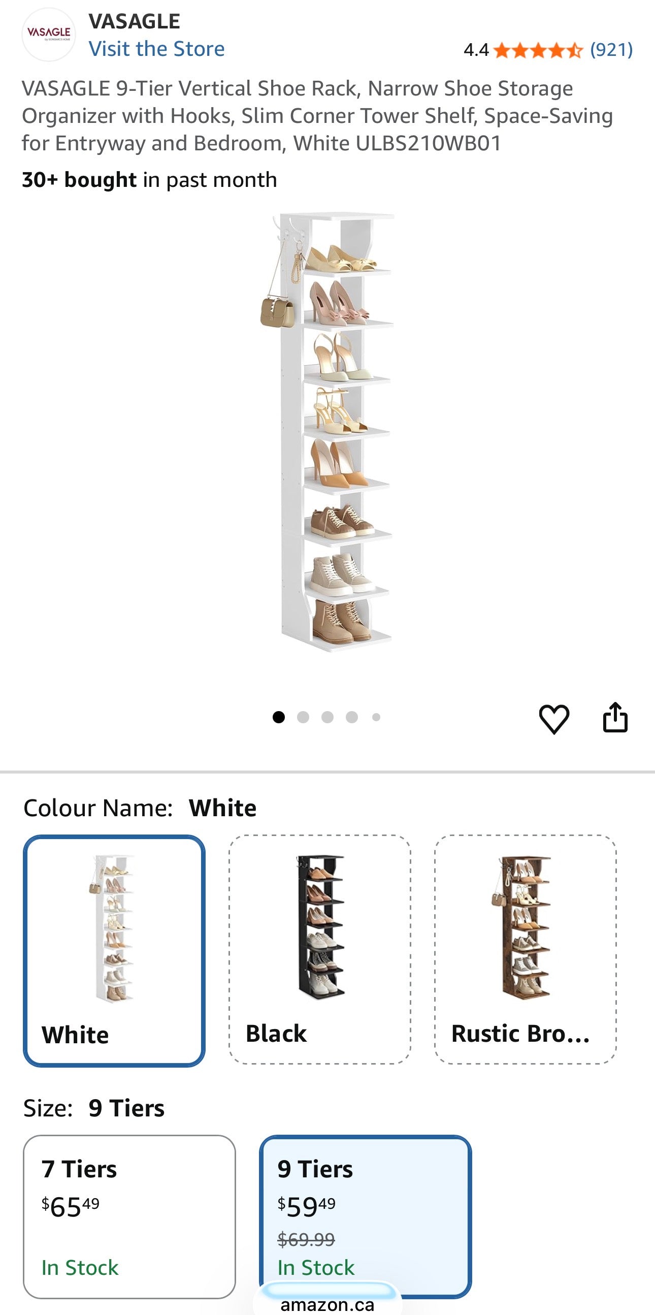9-Tier Slim Shoe Rack with Hooks – White