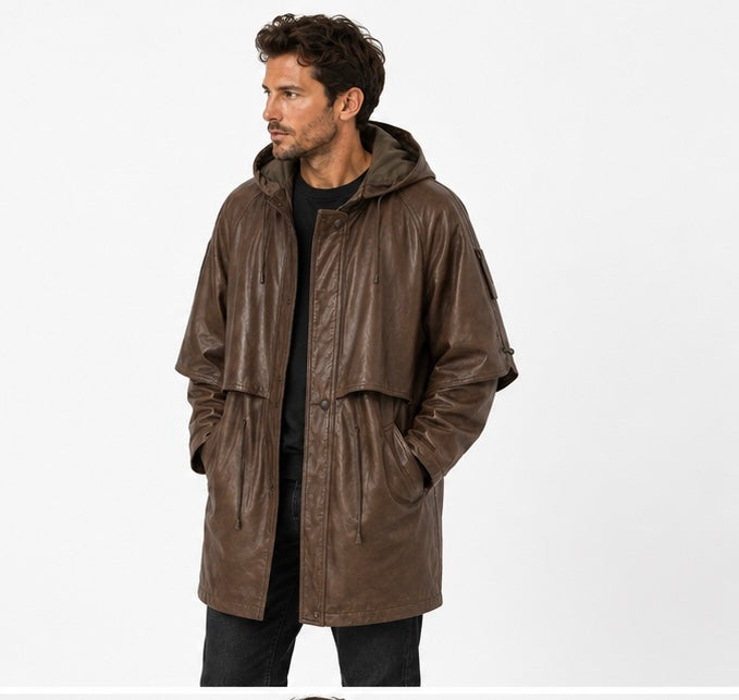 Men’s Hooded Leather Parka Jacket