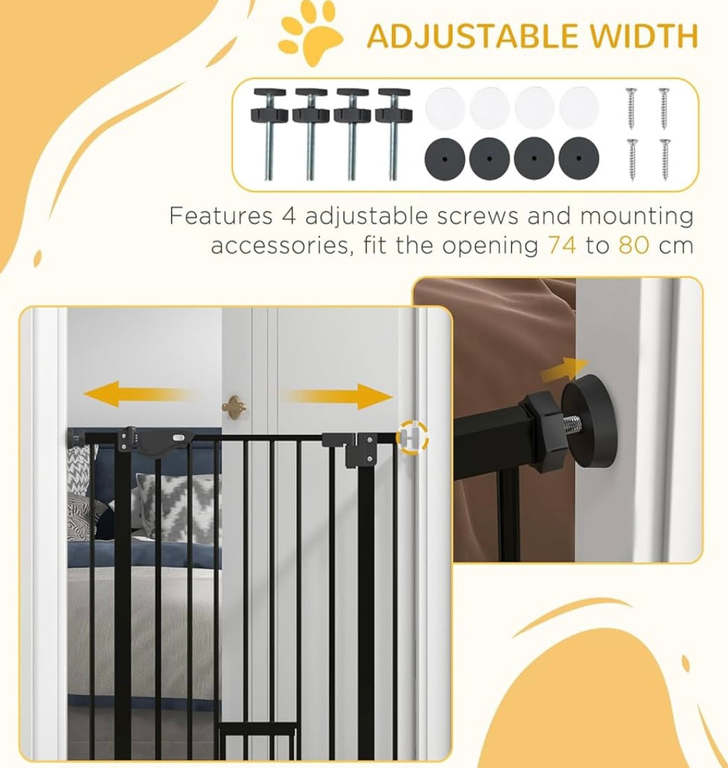 PawHut Alloy Steel Auto-Close Pet Gate – Safety Gate with Cat Door