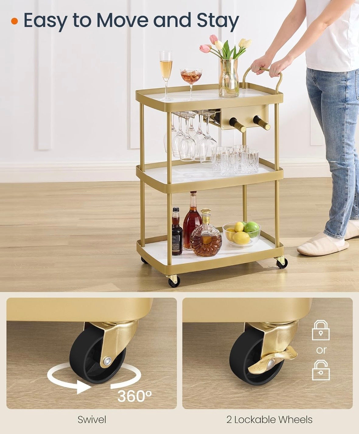 SONGMICS Rolling Bar Cart with Wine Rack – Marble White & Pale Gold
