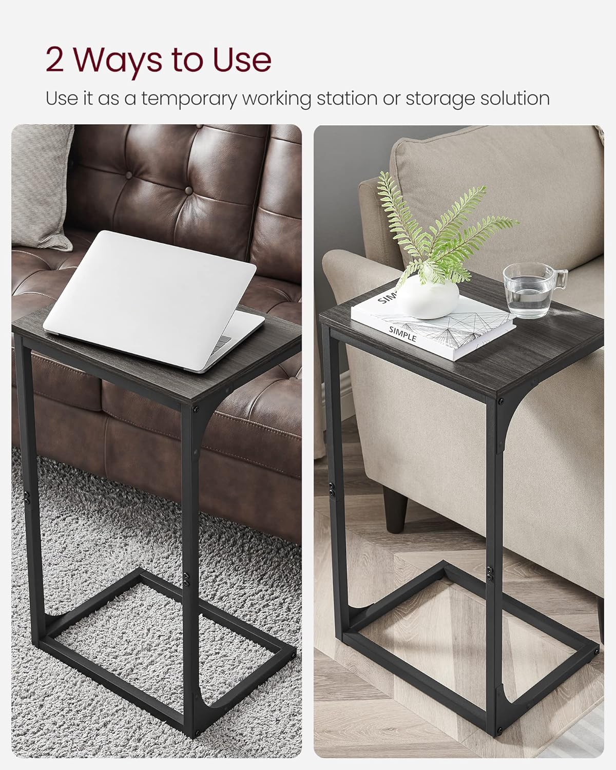 VASAGLE C-Shaped Side Table – Ebonized Oak Finish + Black