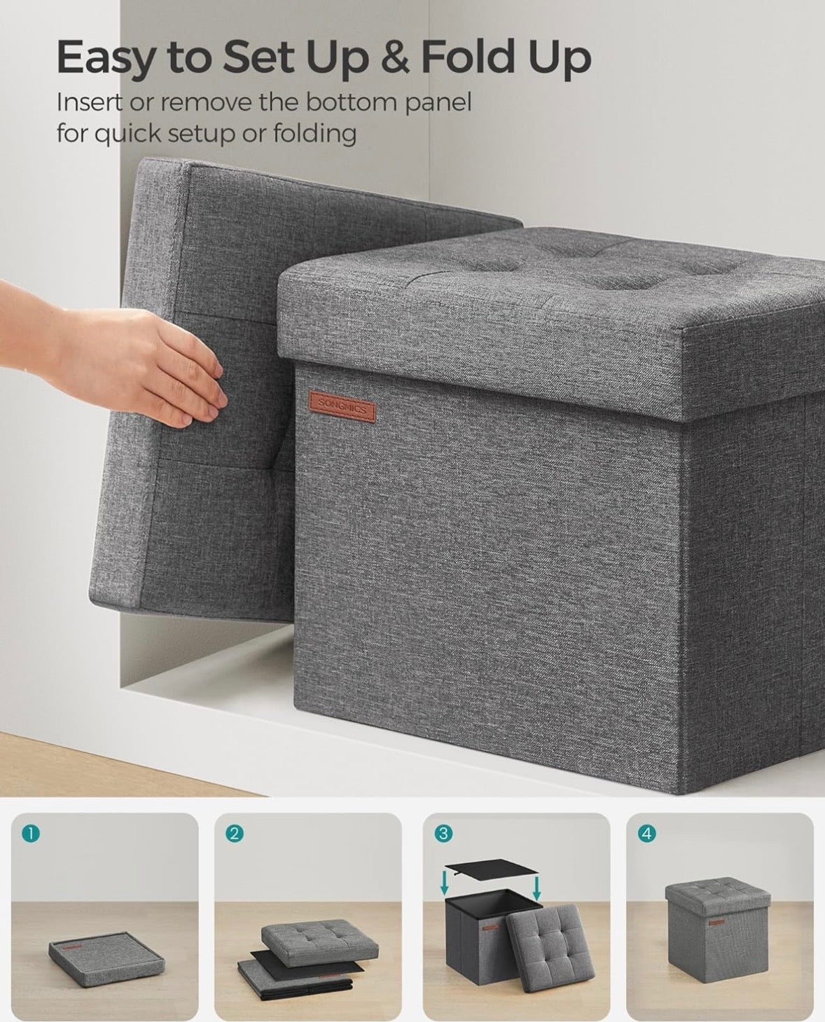 SONGMICS Foldable Storage Ottoman Cube – Dark Gray