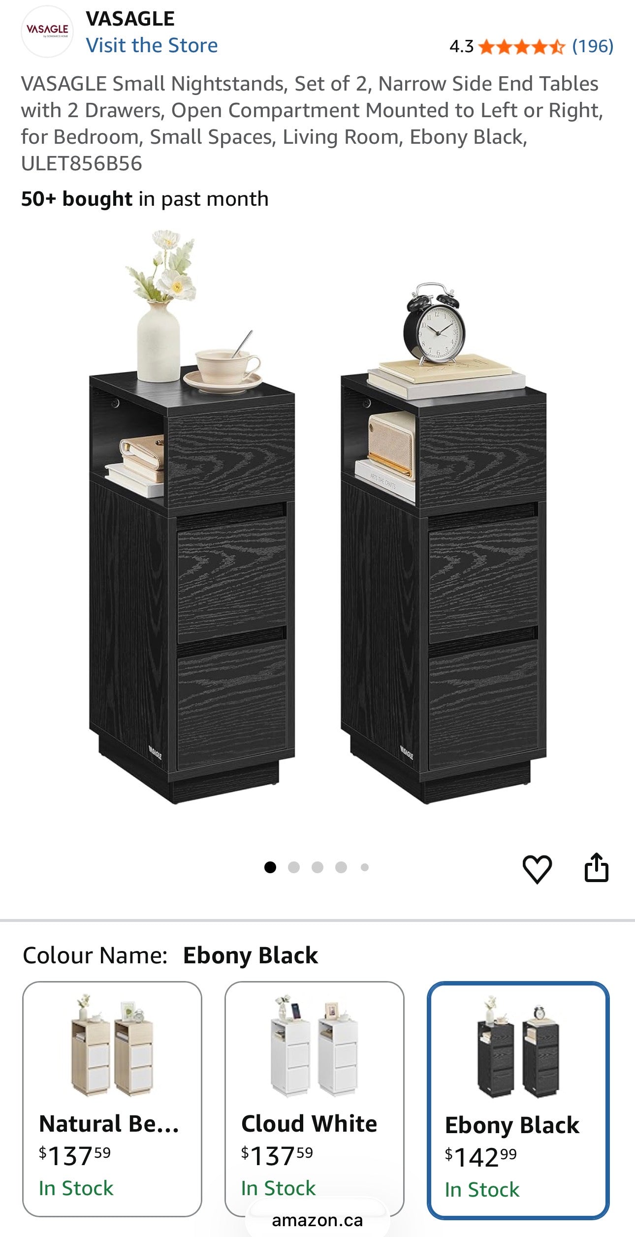 VASAGLE Slim Nightstand Set (2-Piece) – Ebony Black