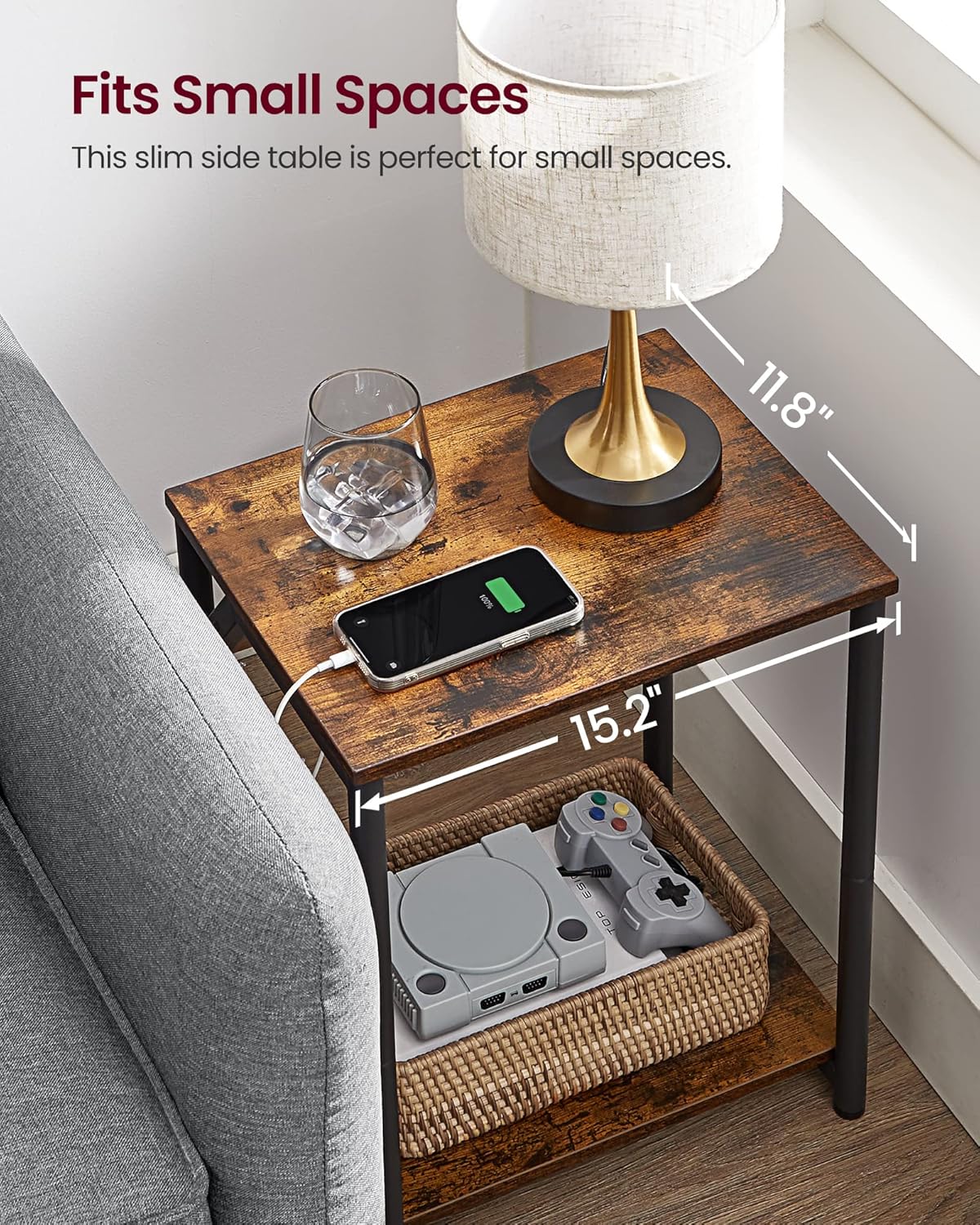 VASAGLE Side Table with Charging Station – Rustic Brown + Black