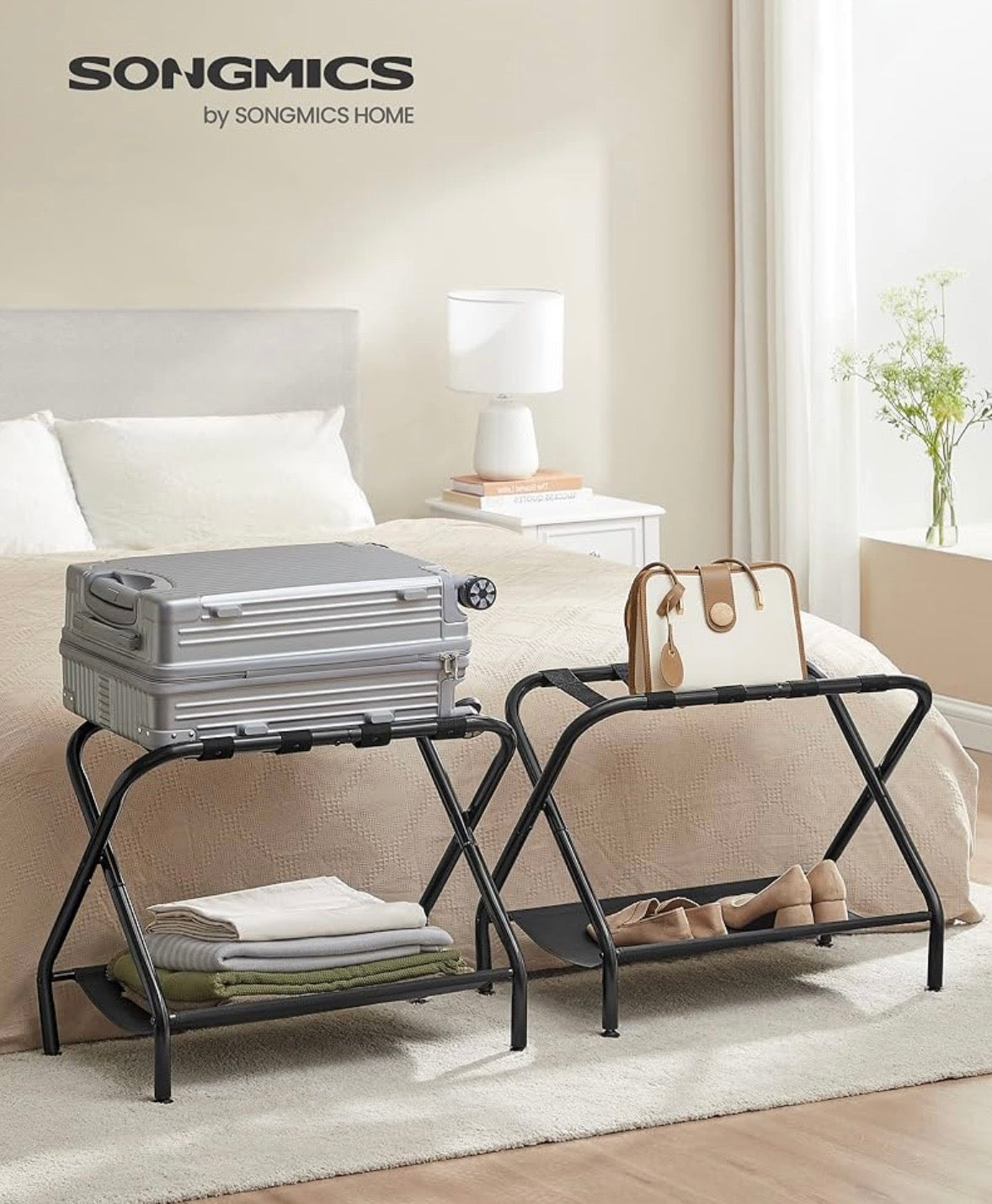 SONGMICS Folding Luggage Rack Set – 2 Pack w/ Bottom Shelf