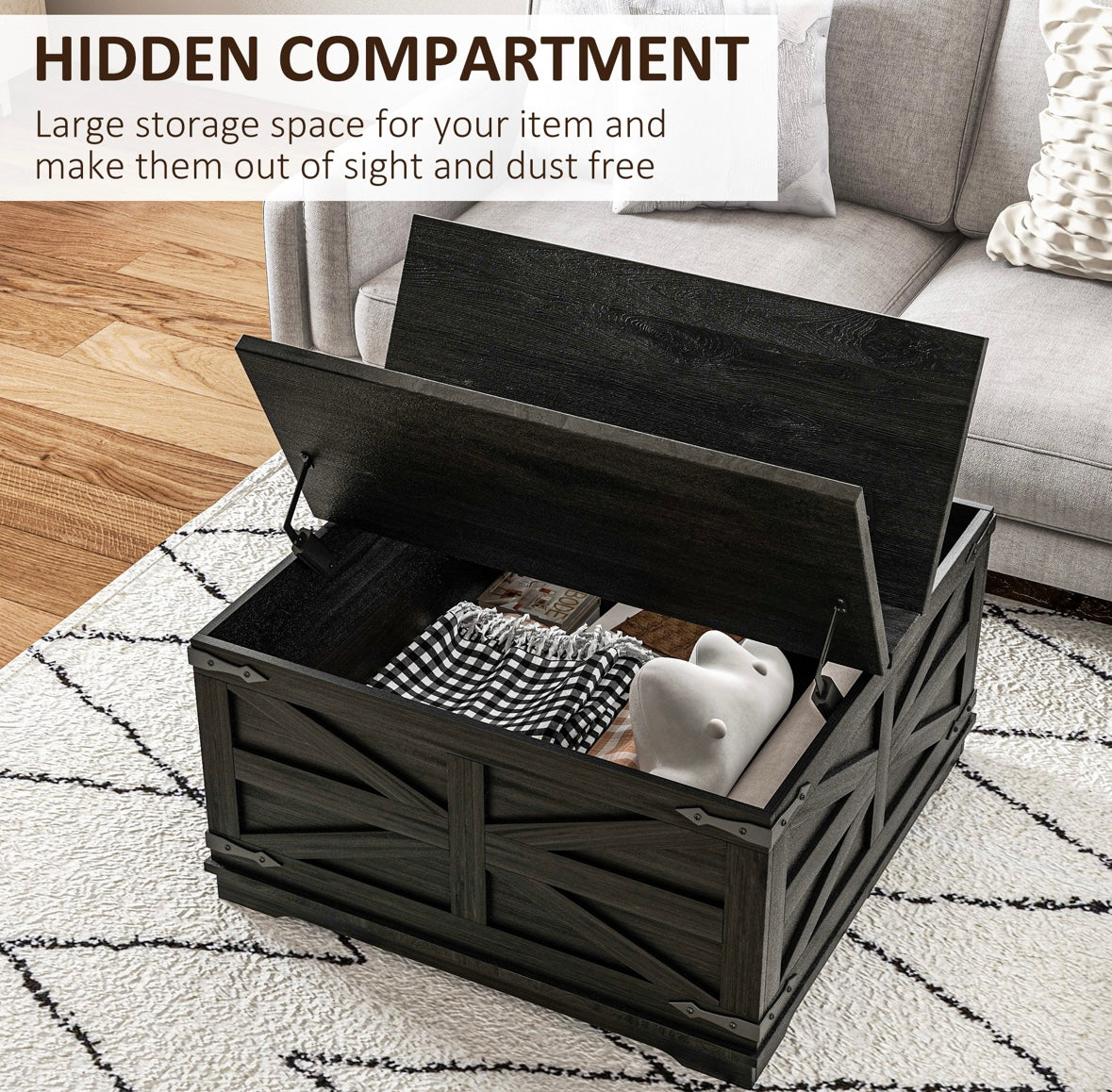 Farmhouse Lift-Top Coffee Table with Hidden Storage – Rustic Square Center Table with Flip-Top Design