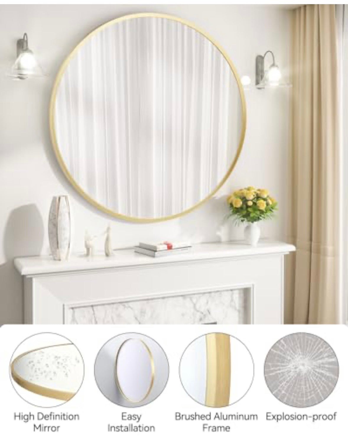 GARVEE 32” Gold Round Wall Mirror