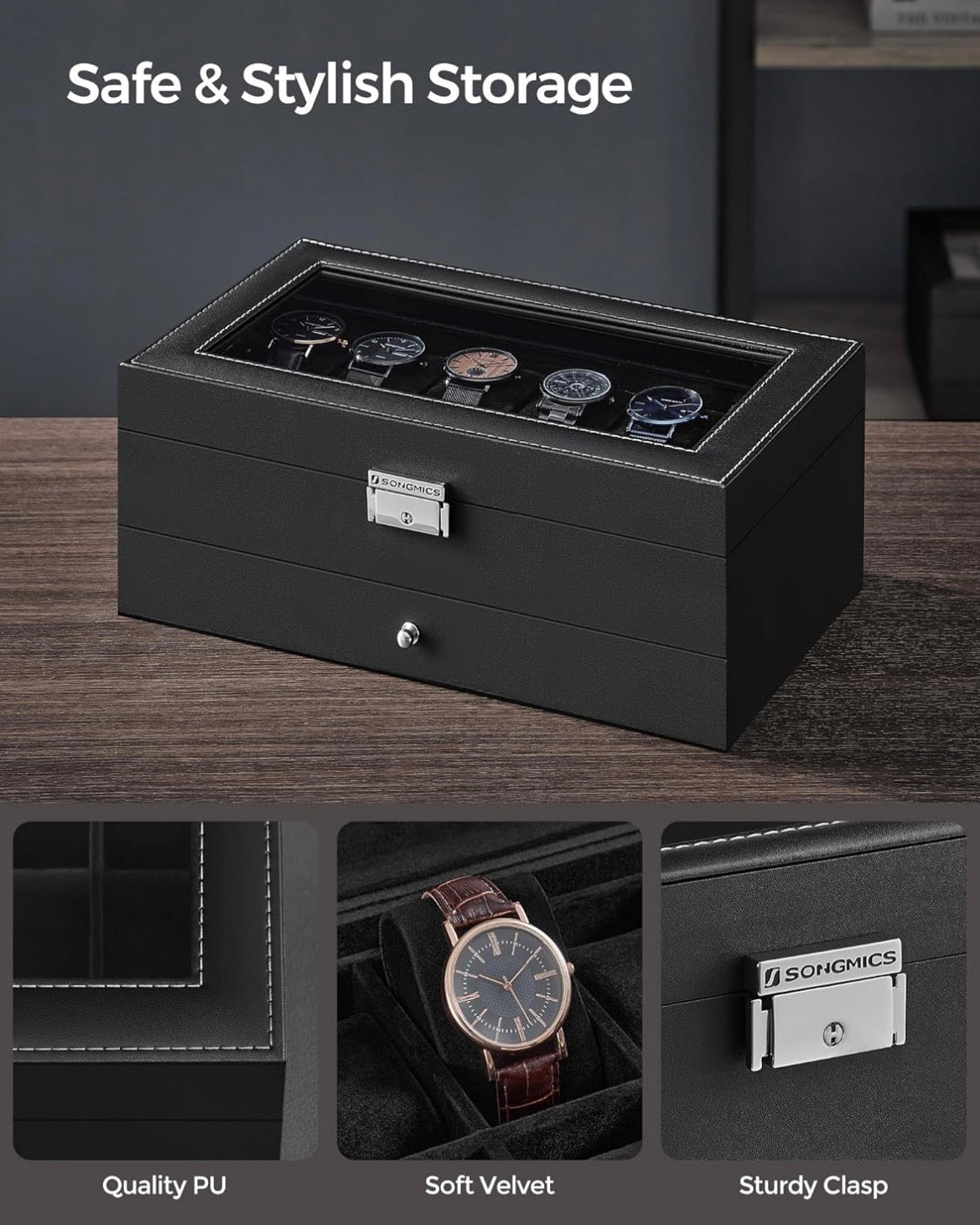 SONGMICS 12-Slot Watch Box Organizer with Glass Lid – Black