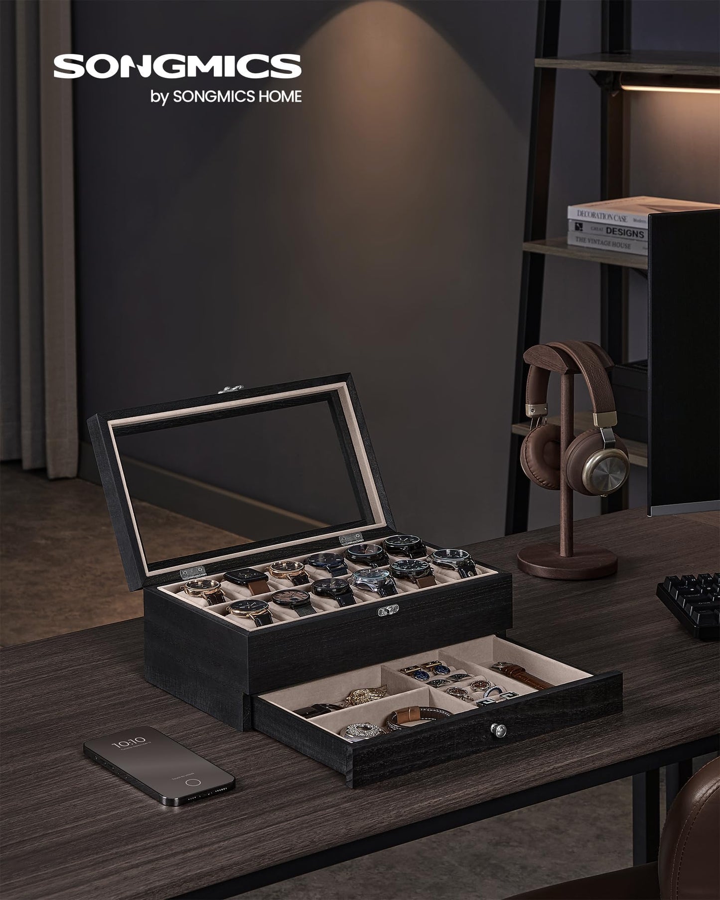 SONGMICS 12-Slot Wooden Watch & Jewelry Box