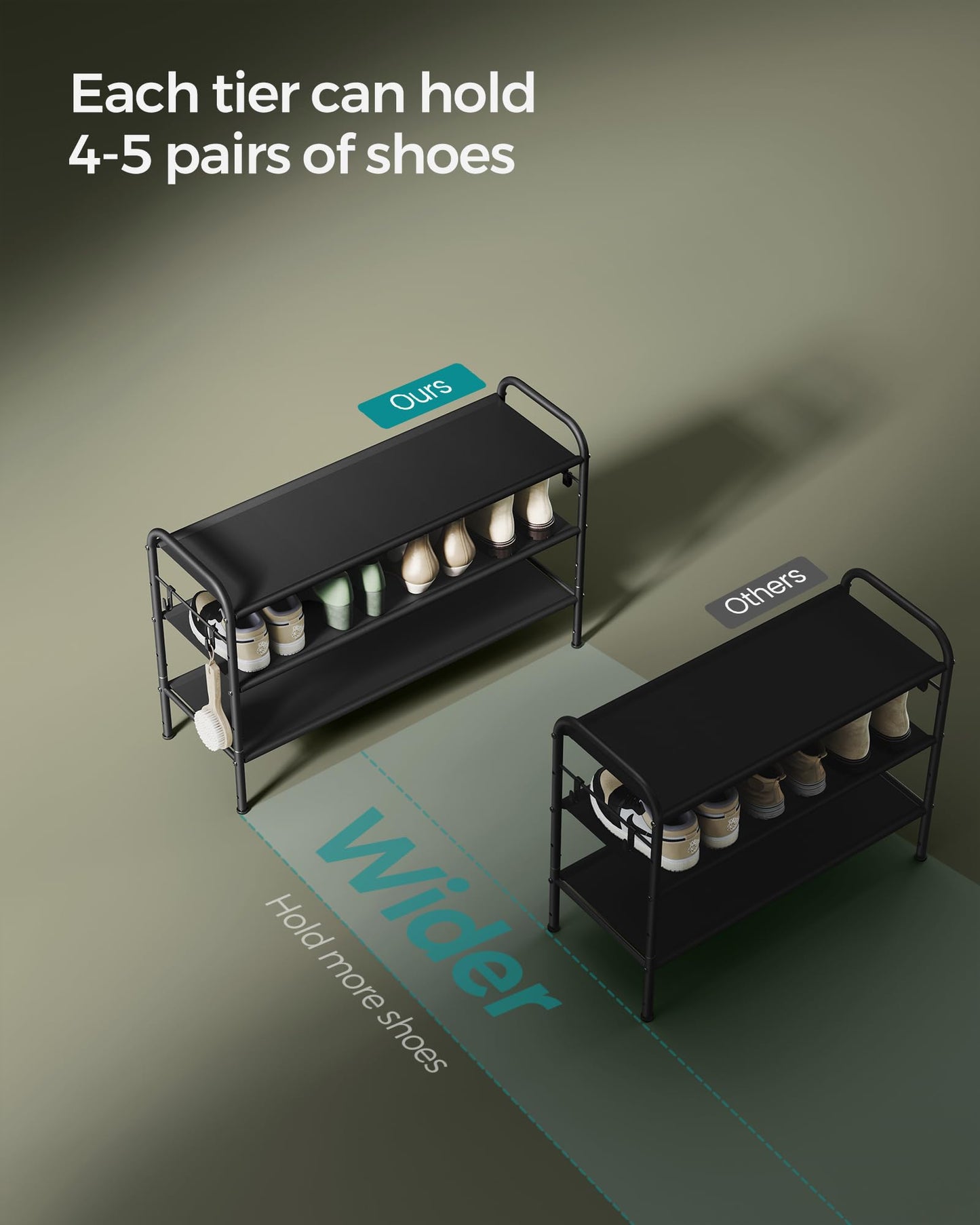 Adjustable 3-Tier Shoe Rack with Hooks