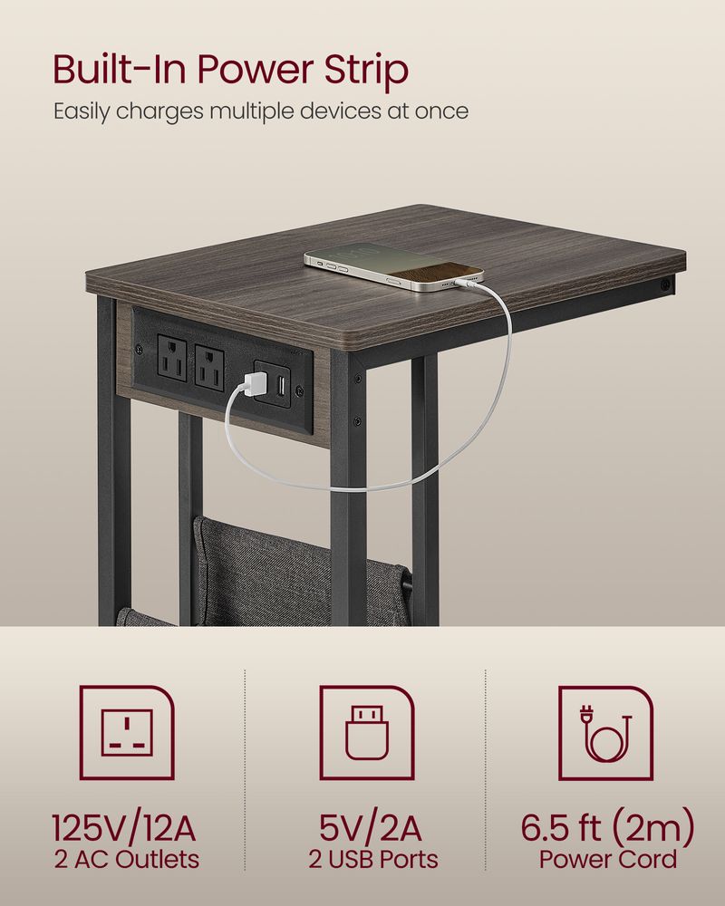 C-Shaped Side Table with Charging Station
