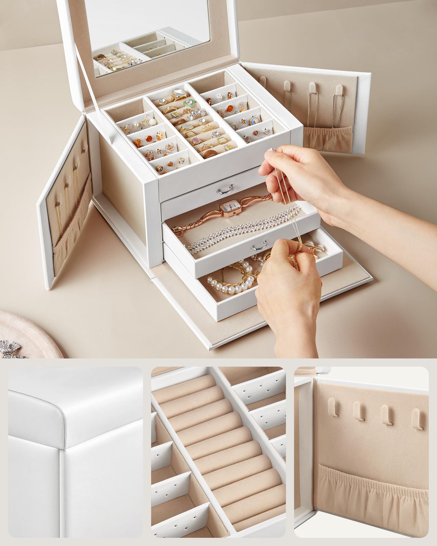 SONGMICS 4-Tier Lockable Jewelry Box with Mirror – Classic White
