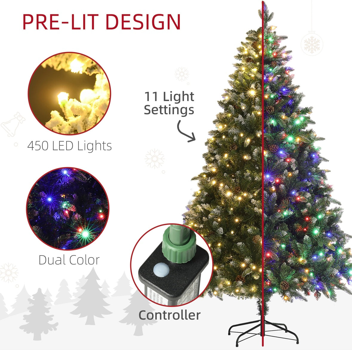 7-ft Pre-Lit LED Artificial Christmas Tree – 11 Lighting Modes | Warm & Color Options | Flame-Retardant Branches | Steel Stand