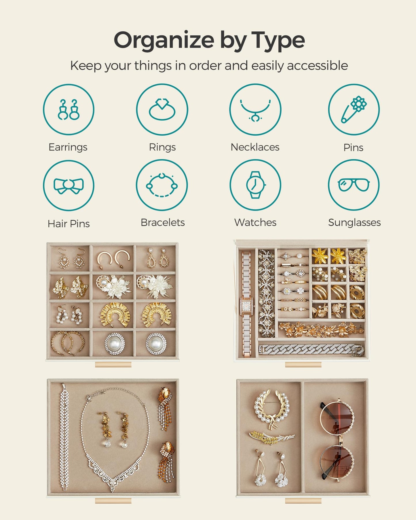 SONGMICS 4-Layer Jewelry Organizer Box – Cloud White + Gold