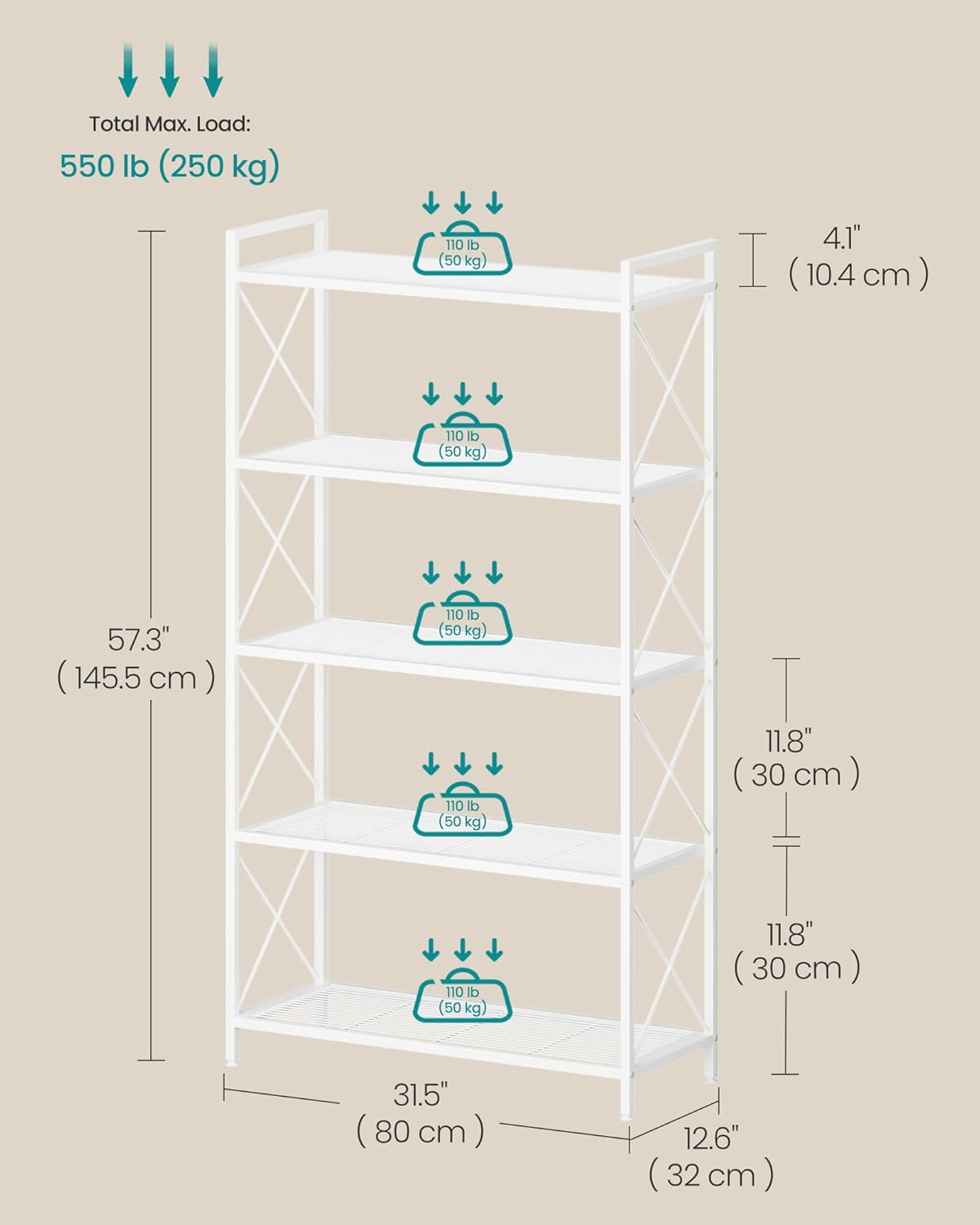 5-Tier Heavy-Duty Metal Storage Rack – Cloud White