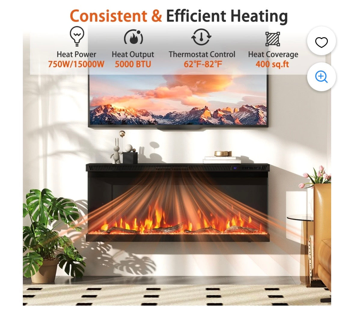 40” 3-Sided Electric Fireplace Heater – 5000 BTU