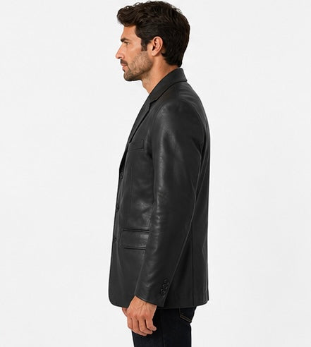 Men’s Classic Black Leather Blazer Jacket – Size 2XS
