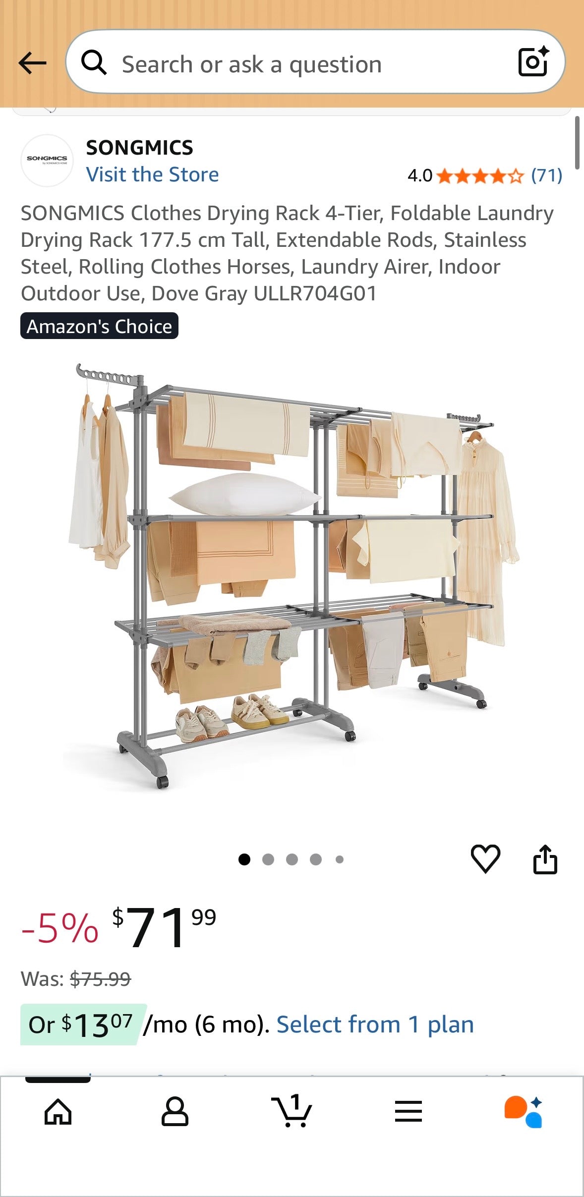SONGMICS 4-Tier Clothes Drying Rack with Wheels – Dove Gray