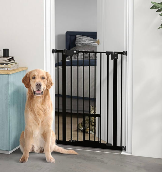 PawHut Alloy Steel Auto-Close Pet Gate – Safety Gate with Cat Door