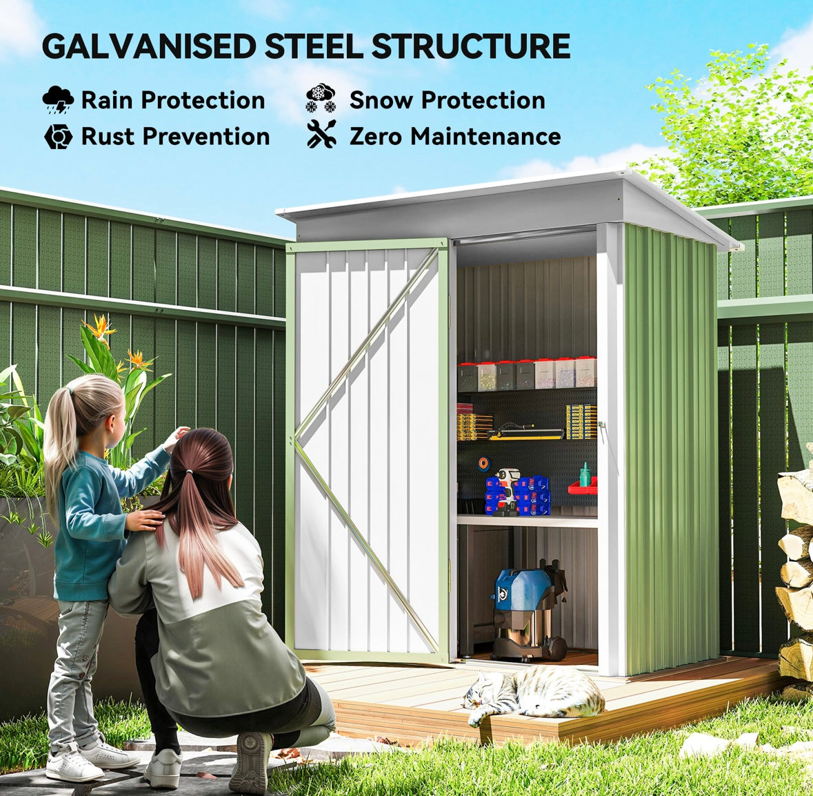 Outsunny Lean-To Steel Garden Storage Shed – Waterproof, Space-Saving, and Durable | Green