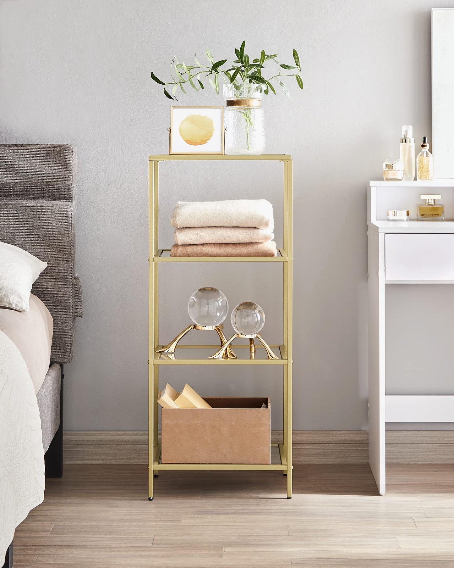 VASAGLE 4-Tier Glass Display Shelf – Pale Gold Frame