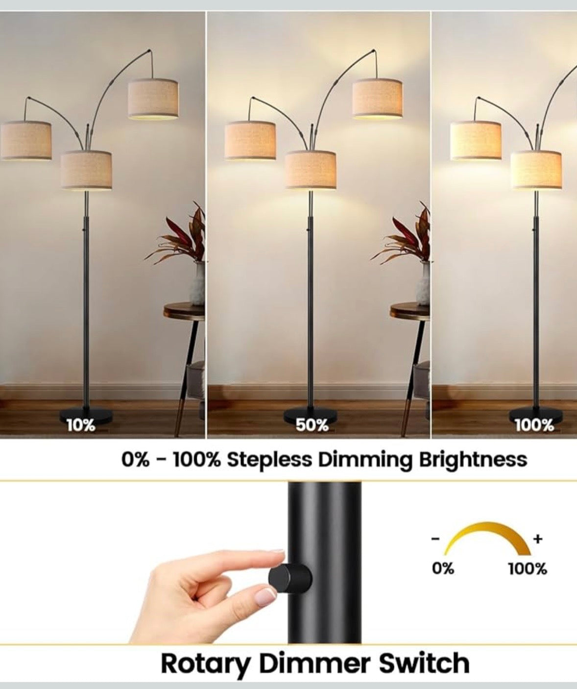 Modern 3-Light Arc Floor Lamp – Matte Black with Linen Shades