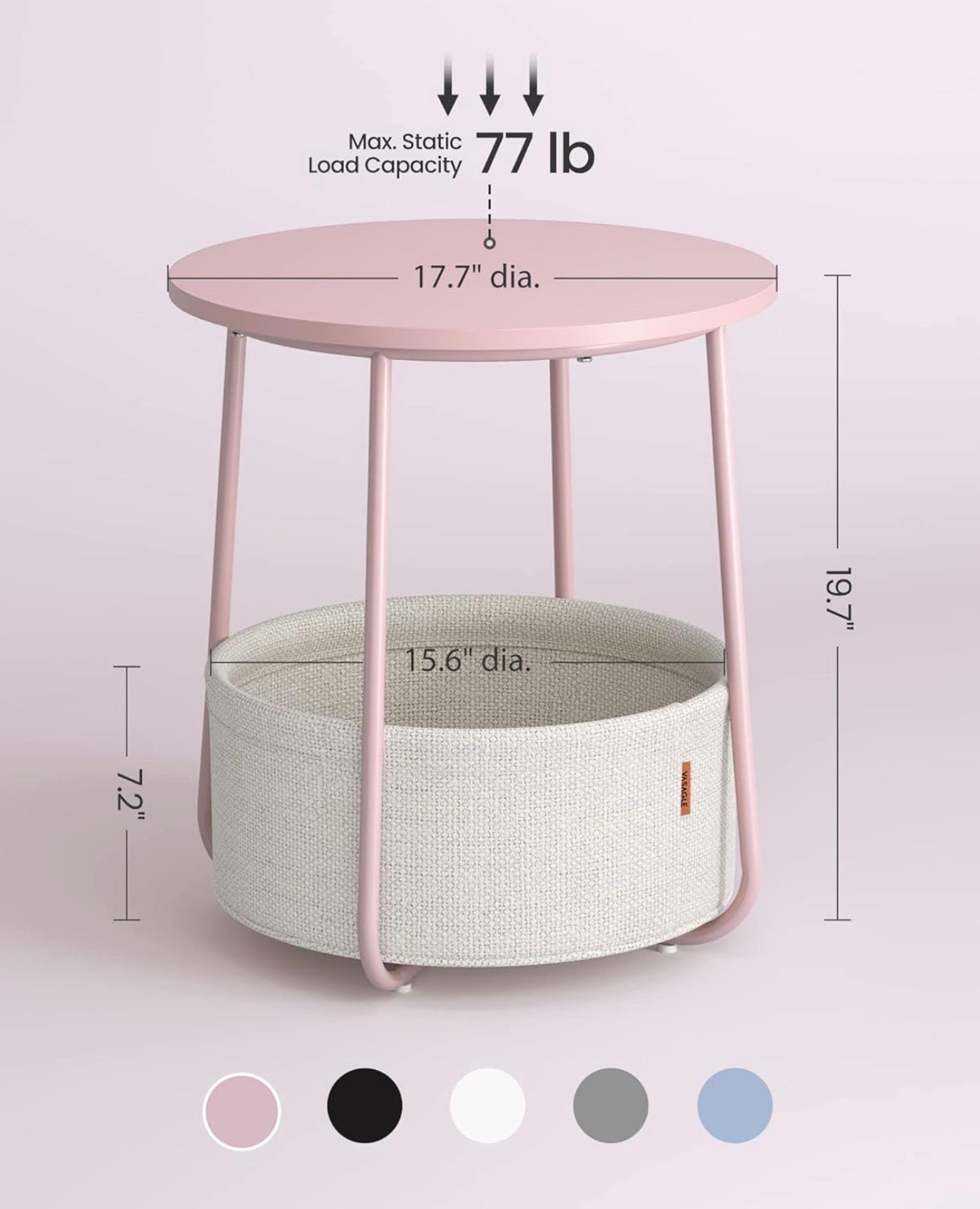 VASAGLE LILEA Round Side Table with Fabric Basket