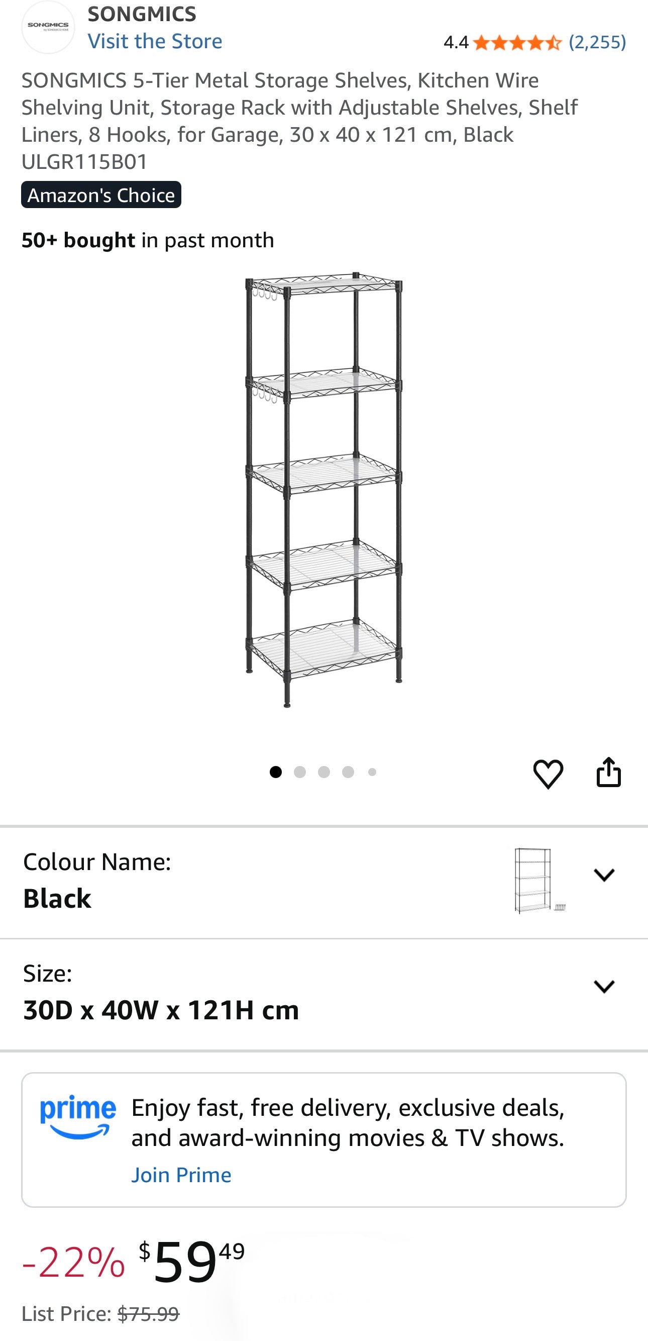 SONGMICS 5-Tier Adjustable Steel Storage Shelf