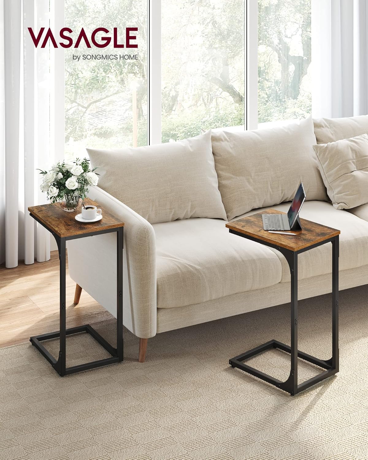VASAGLE Set of 2 C-Shaped Side Tables – Rustic Brown + Black