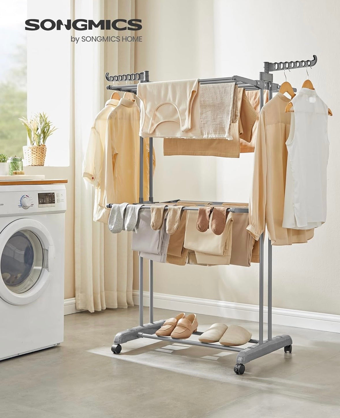 SONGMICS 3-Tier Clothes Drying Rack with Wheels – Dove Grey