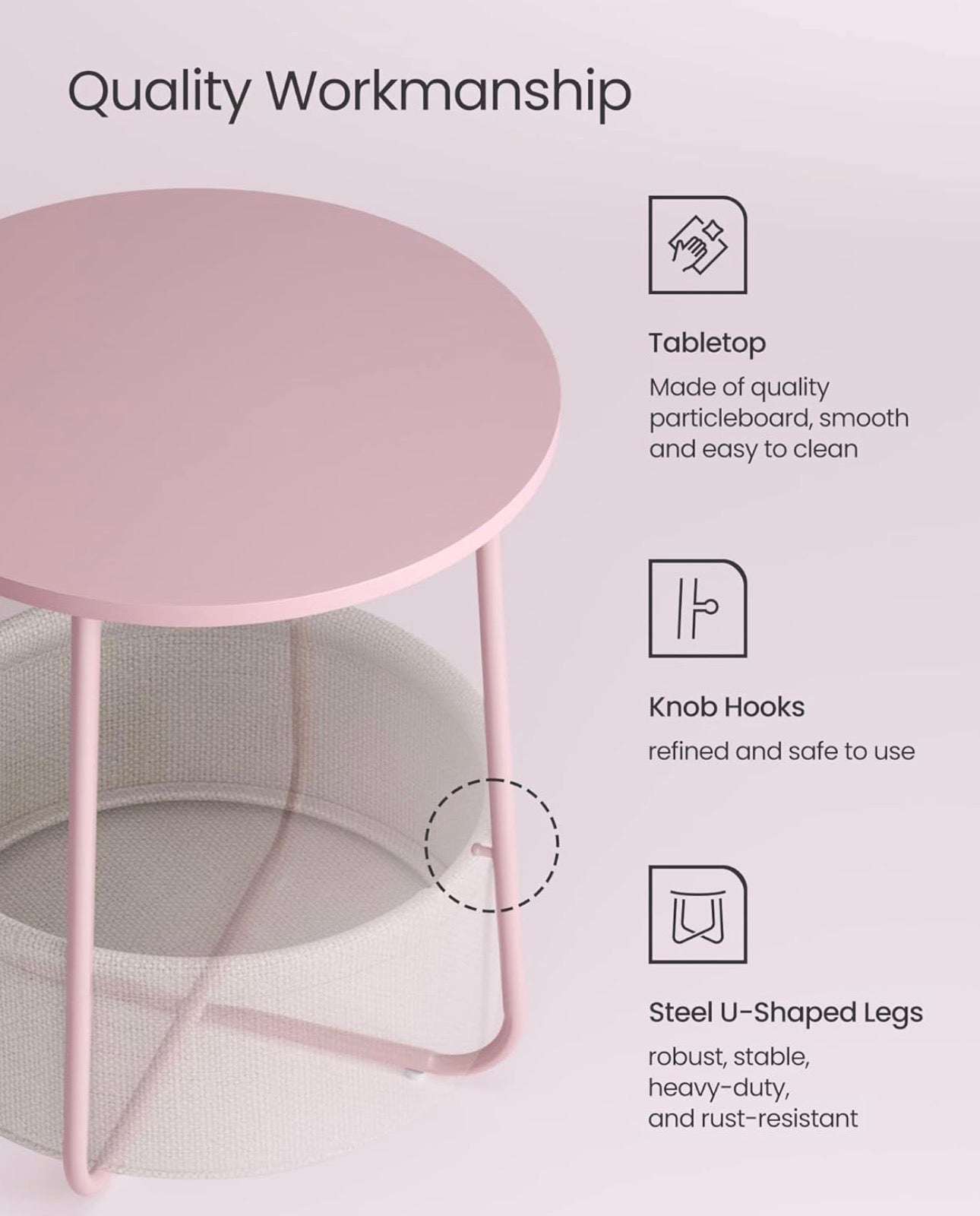 VASAGLE LILEA Round Side Table with Fabric Basket
