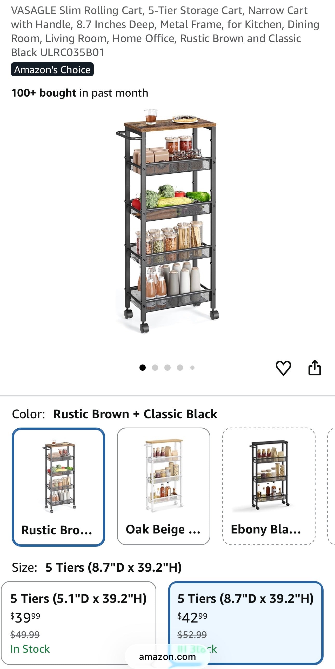 VASAGLE 5-Tier Slim Rolling Storage Cart