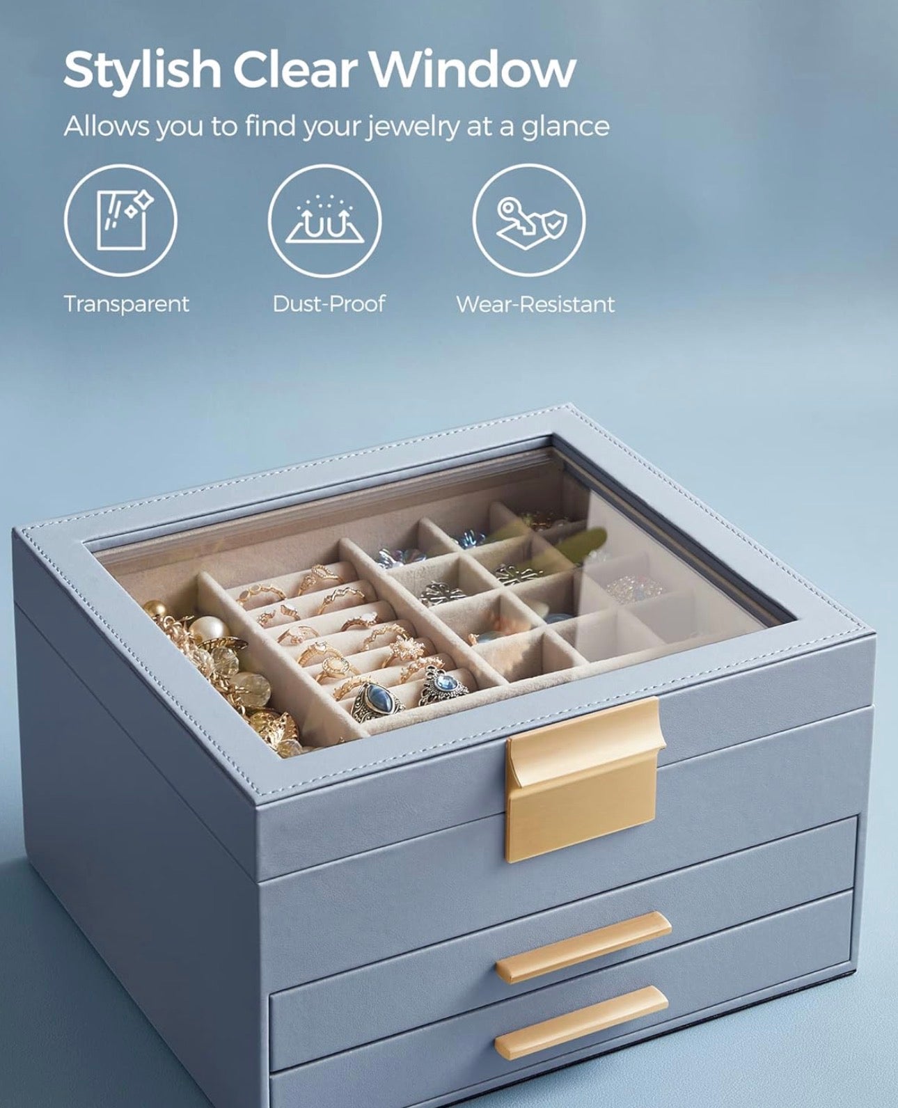 SONGMICS 3-Layer Jewelry Box Organizer with Glass Lid