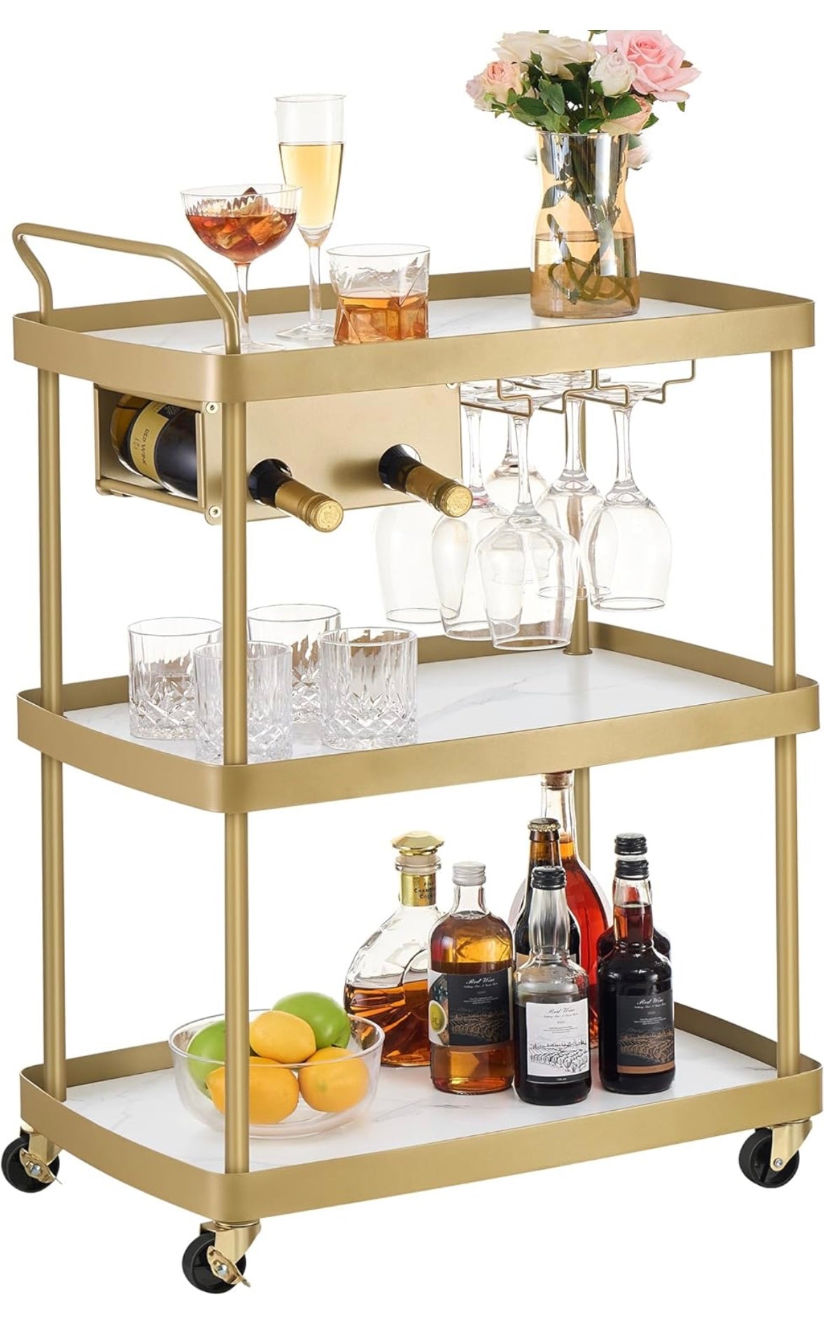 SONGMICS HOME Marble & Gold Bar Cart – 3-Tier Rolling Beverage Cart