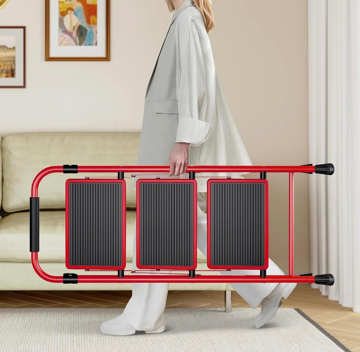 NEW – KINGRACK 3-Step Folding Ladder with Handrail – Red Steel Frame