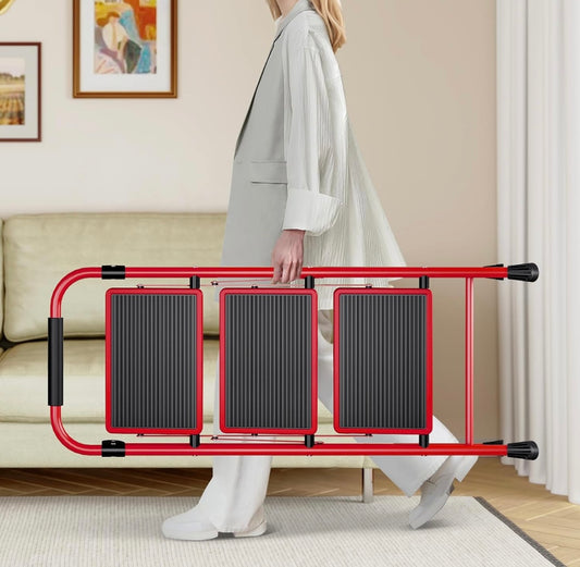 NEW – KINGRACK 3-Step Folding Ladder with Handrail – Red Steel Frame