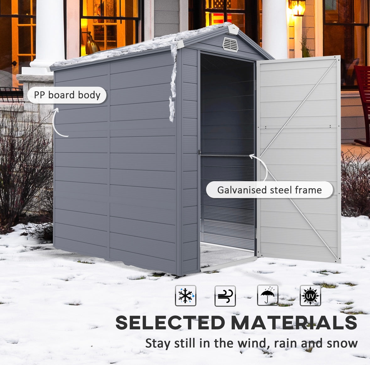 Waterproof Recycled Plastic Outdoor Storage Shed – Reinforced Garden Tool Shed with Door, Window & Vents