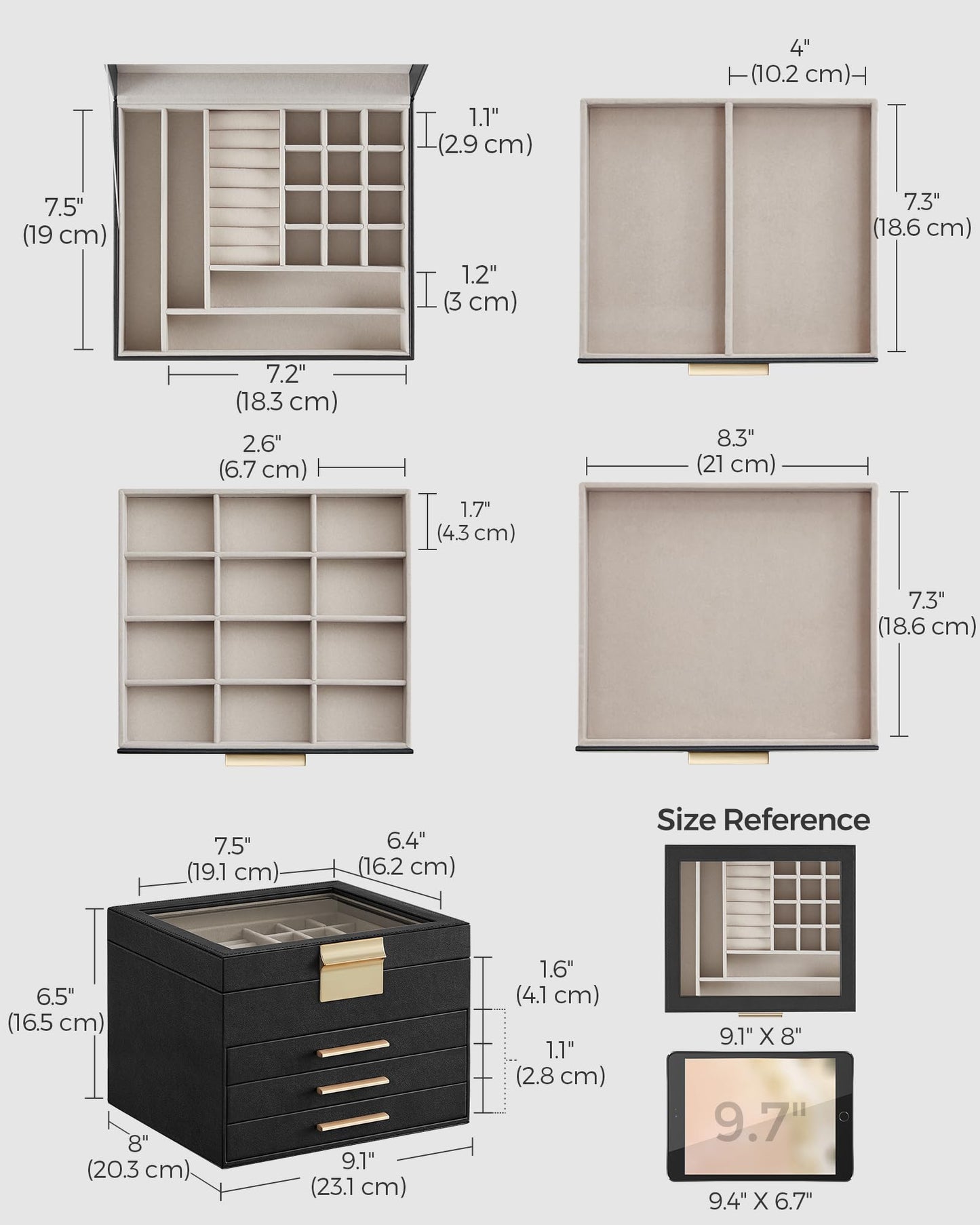 SONGMICS 4-Layer Jewelry Organizer Box – Graphite Black + Gold