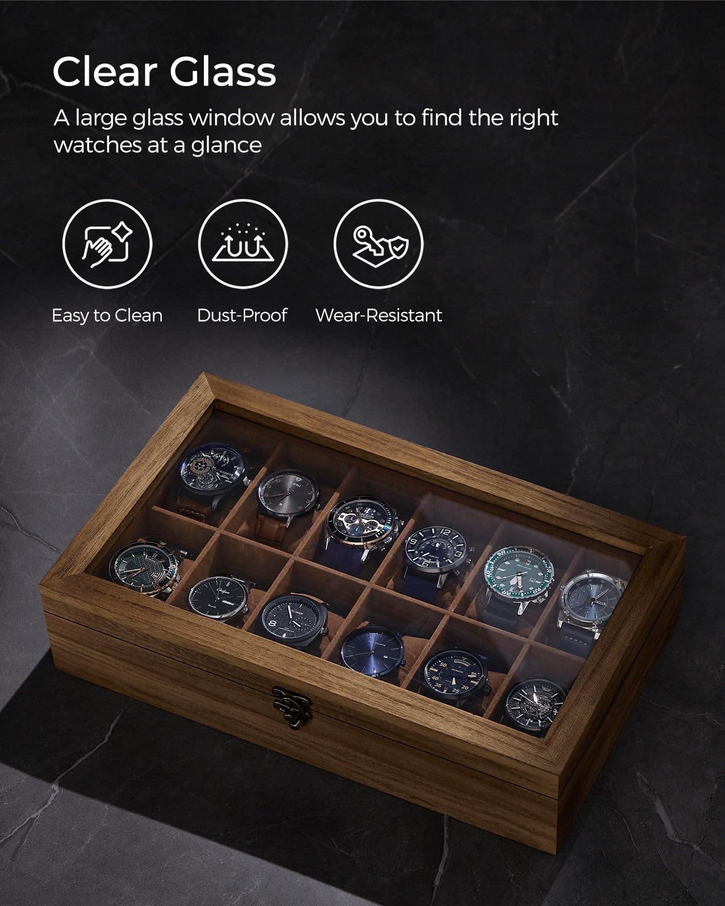 SONGMICS 12-Slot Wooden Watch Box – Rustic Walnut