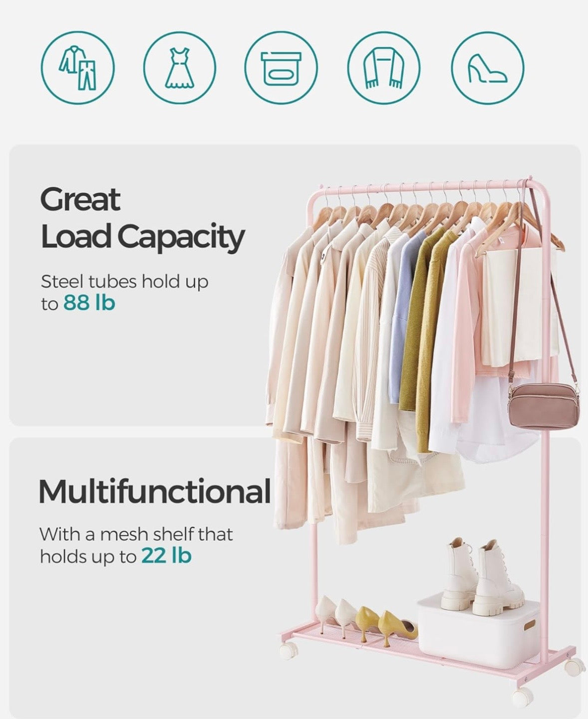 SONGMICS Rolling Clothes Rack with Shelf