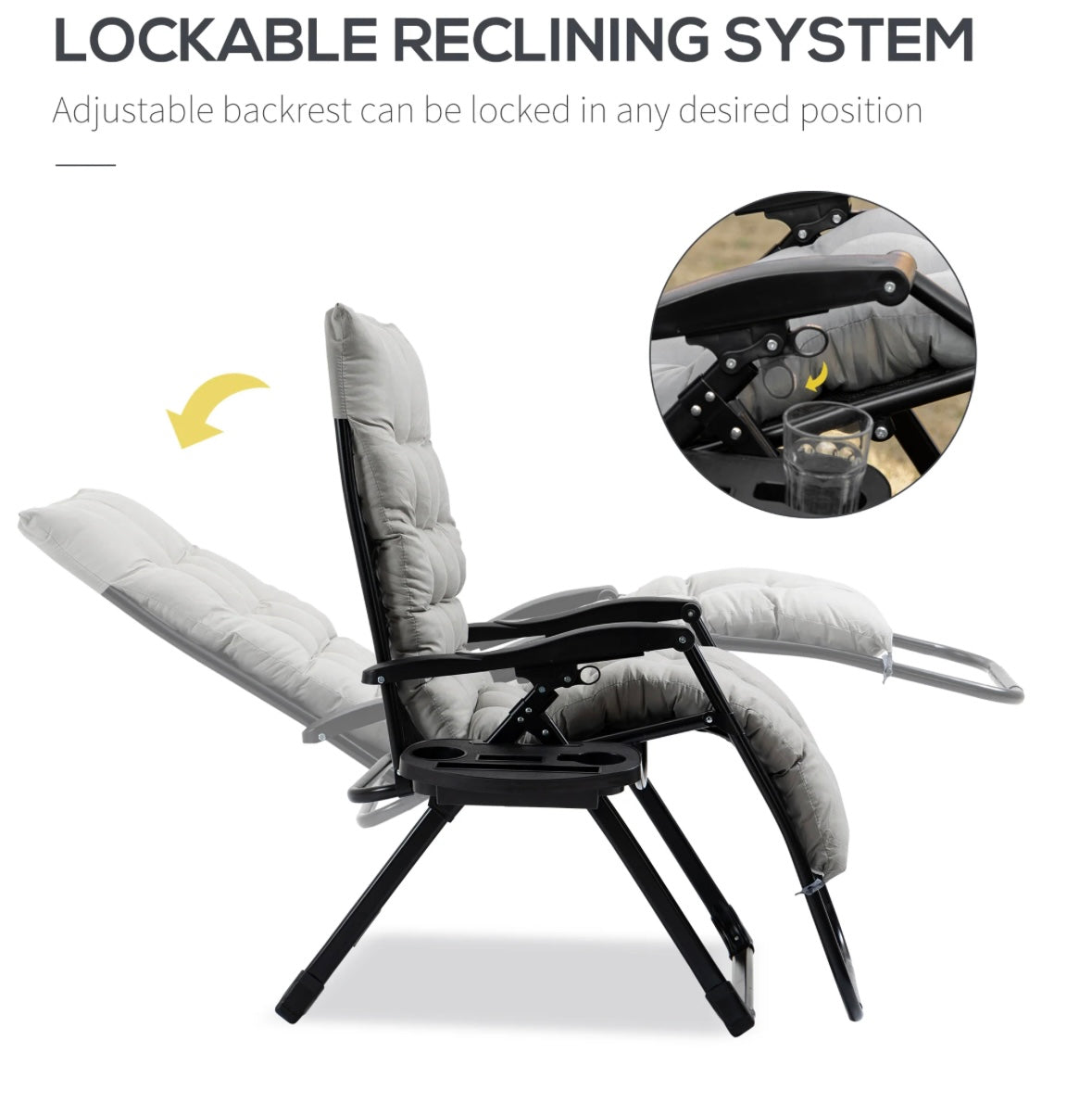 Outsunny Zero-Gravity Recliner Chair — Foldable Lounge with Cupholder Tray (White Frame + Grey Cushion)